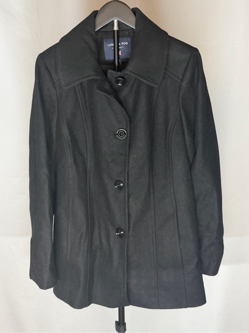 London Fog Black Wool Blend Tailored Pea Coat with Button Front Size Medium
